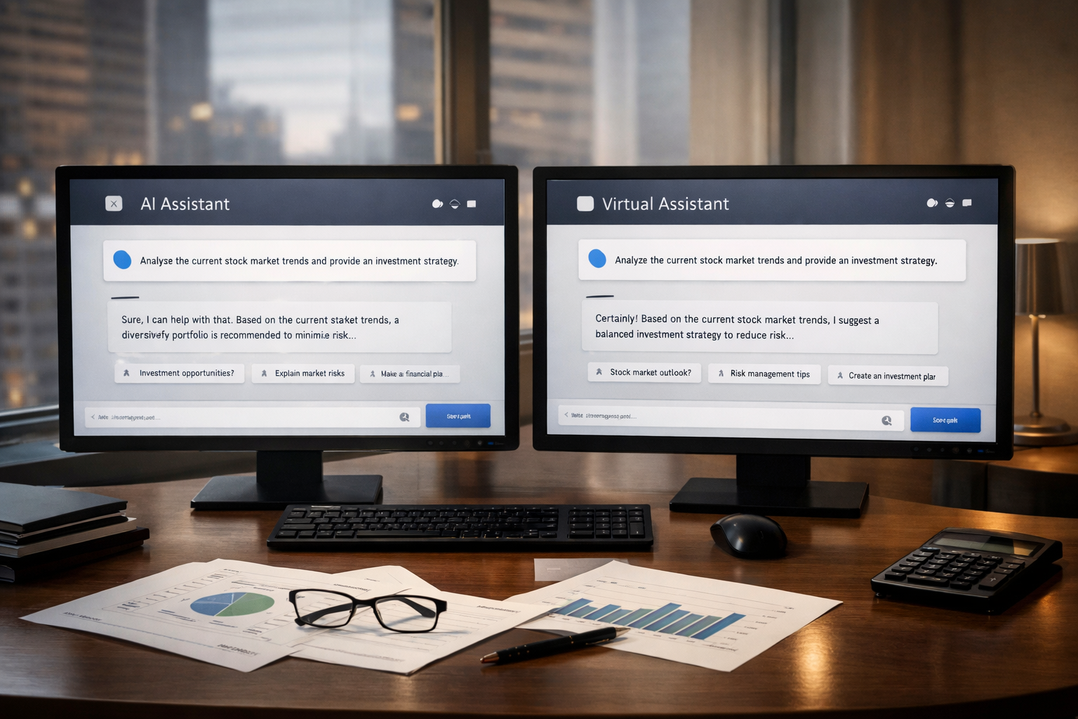 AI Monitors Displaying Generic LLM Interfaces in Financial Office-1