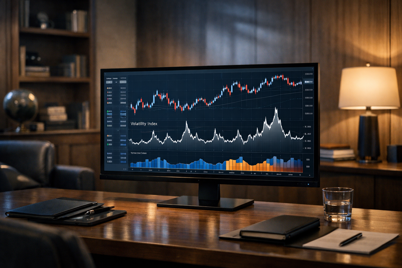 In a sophisticated financial advisors office a sleek monitor displays intricate graphs illustrating the ebb and flow of market volatility The scene is-1